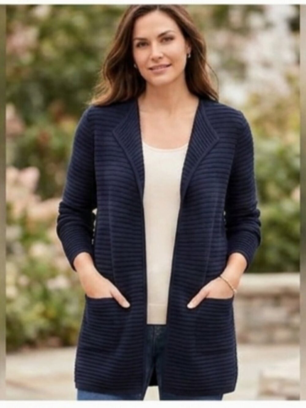 Talbots Women's Size S Blue Rib Knit Long Sleeve Semi Sheer Open Front Cardigan